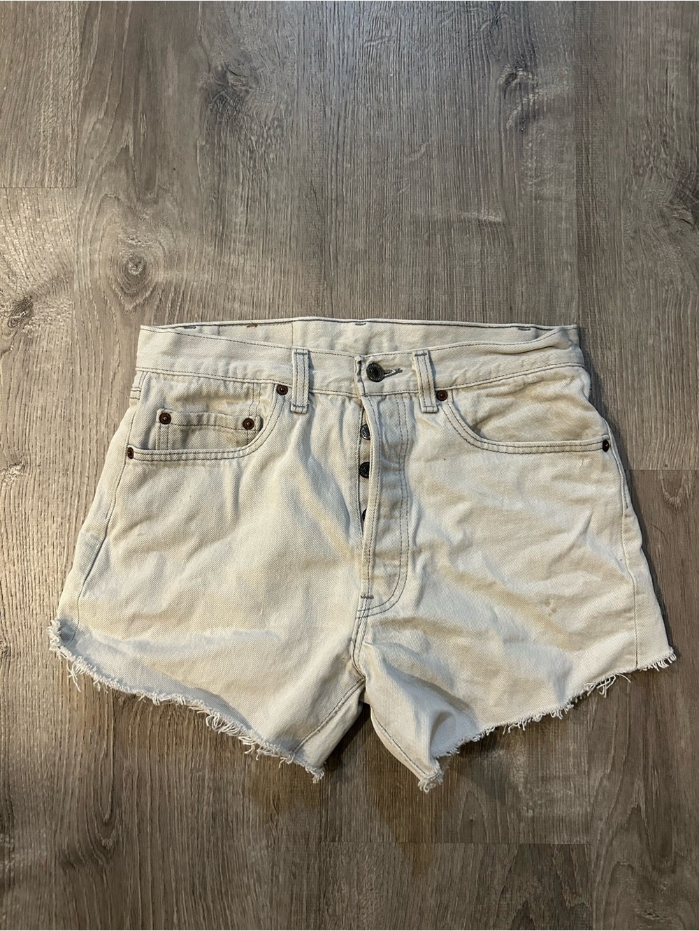 Levi's 501 Light Cream High-Rise Denim Shorts with Frayed Hem